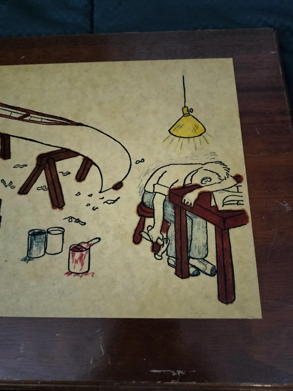 Wood Art Print with Canoe Workshop Illustration - Brown